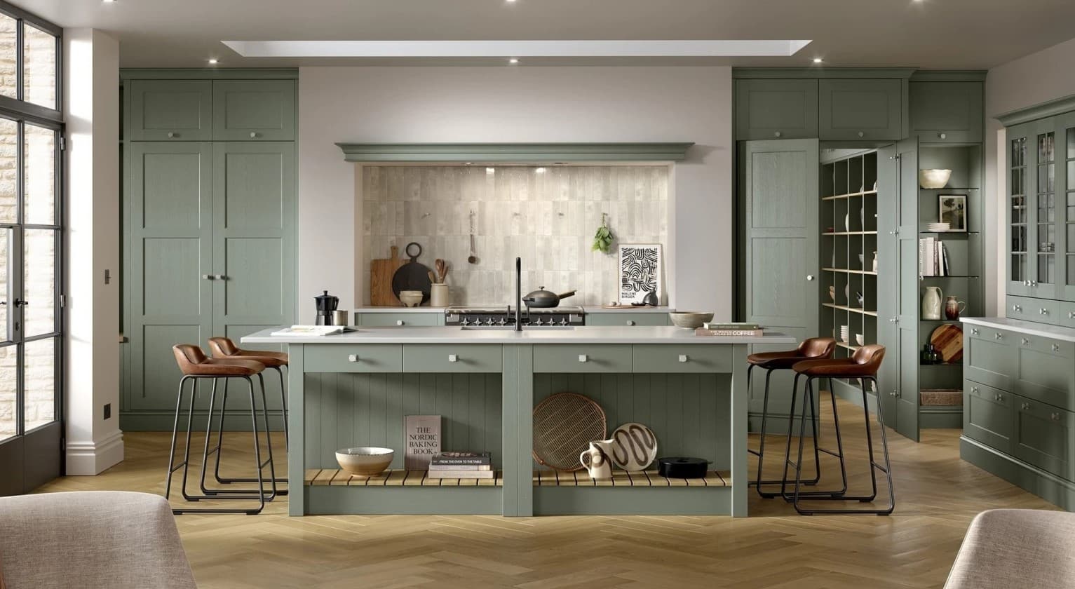 Aldana Heritage Green fitted kitchen with island, designed and fitted by The Cabinet Door Shop in Hove